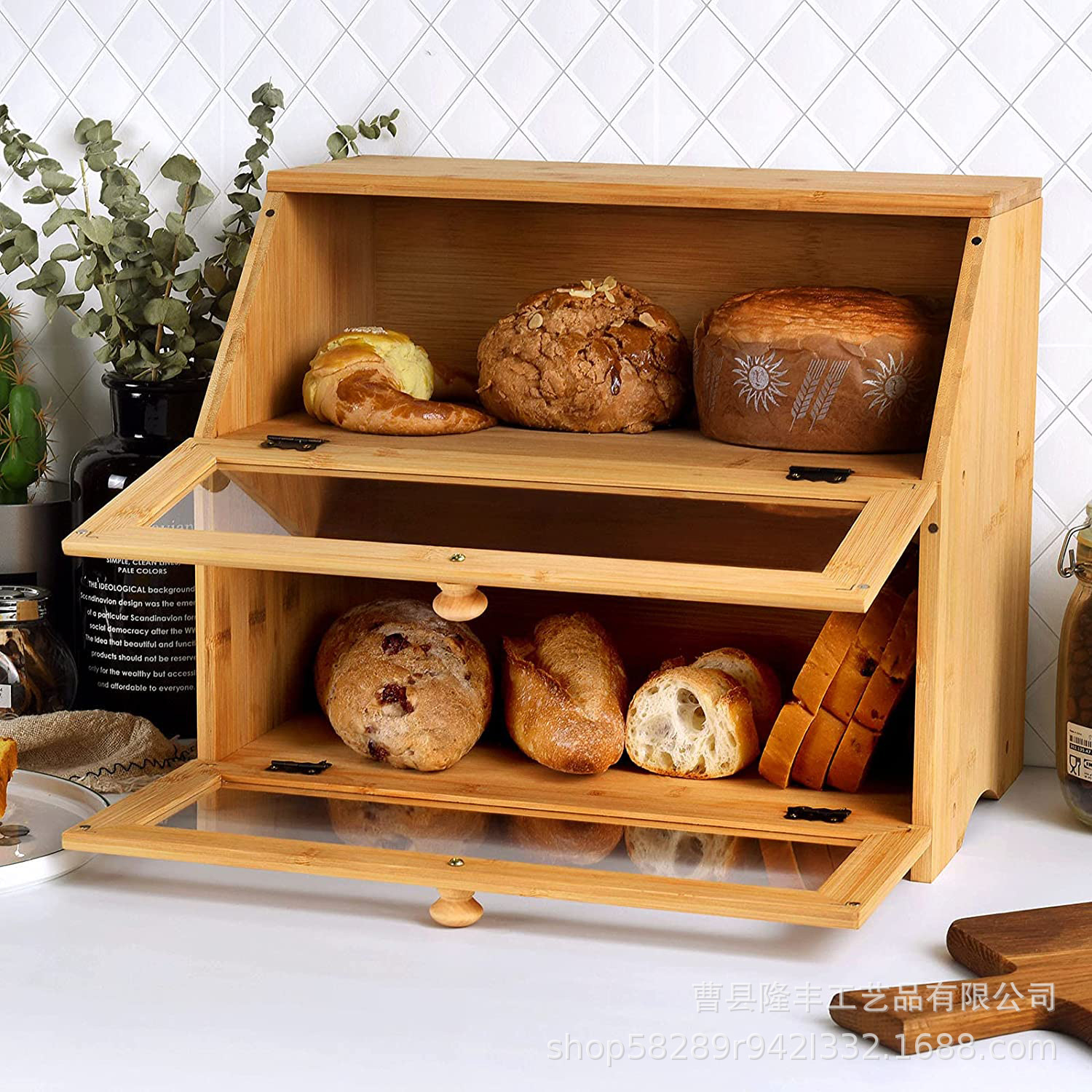 Cross-border Wooden Cake Box Bread Storage Box Bamboo Bread Box with Transparent Glass Kitchen Double-layer Storage Box