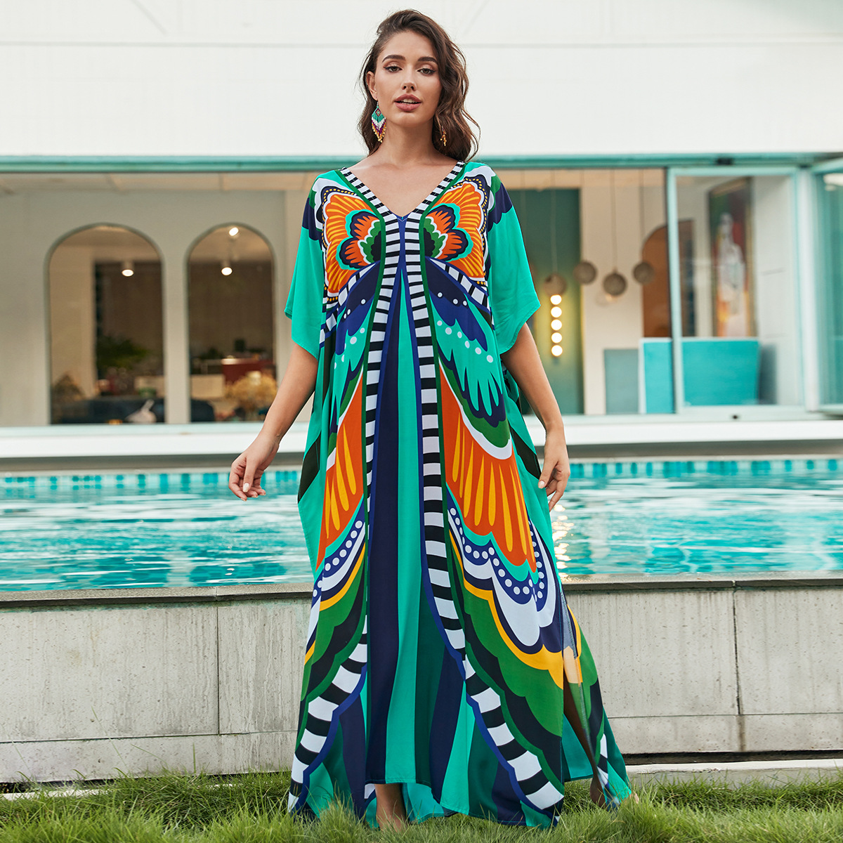 Beach Cover-Up Rayon Positioning Printed Holiday Home Robe Cross-Border Amazon 1129 (24 Colors) F