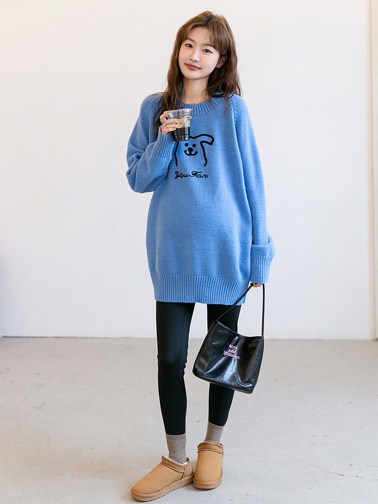 Autumn and Winter Maternity Fashion Korean Knitted Sweater Loose Stretch Cartoon Pattern Round Neck Knitted Sweater Mid-length