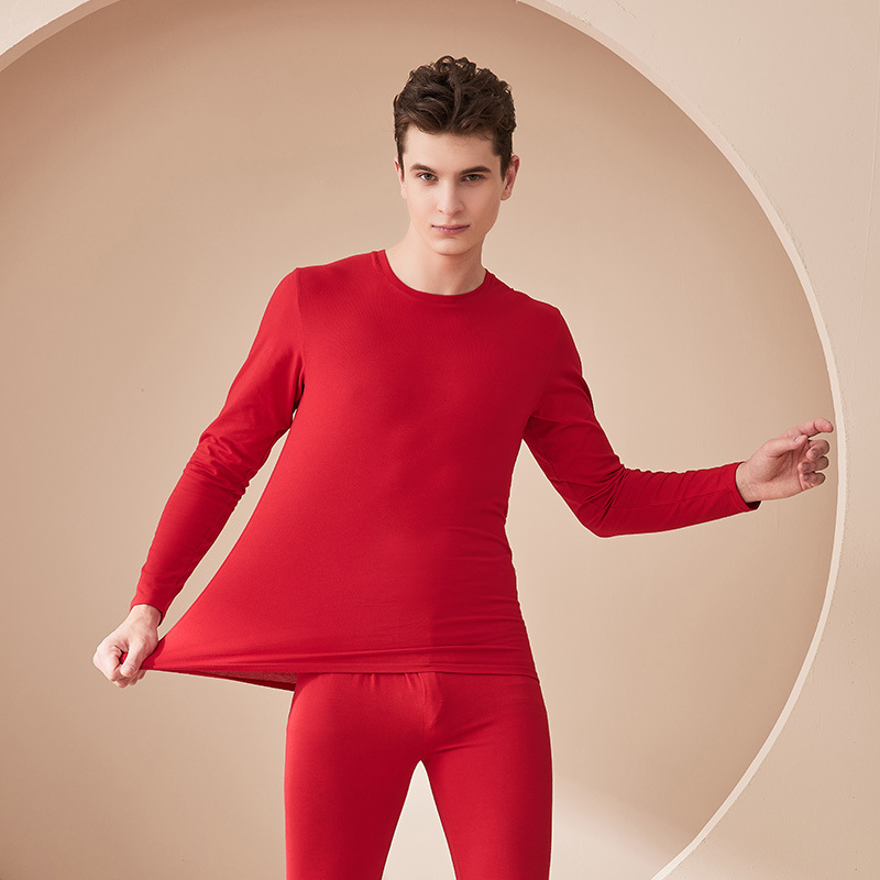 Bright Red Festive Couple's Thermal Underwear Set, Close-Fitting Warm Autumn Clothes and Pants, Round Neck Pullover, Thickened and Warm
