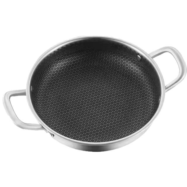 Stainless Steel Double-Ear Non-Stick Frying Pan, Light Oil Fume Cooking Pan, Household Gas Induction Cooker, Uncoated Honeycomb Frying Pan