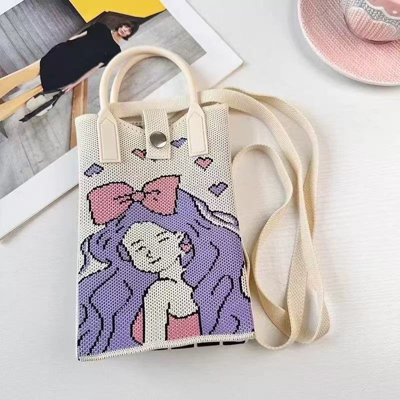 Advanced Sense Mobile Phone Bag New Cartoon Knitted Bag Dopamine Color Matching Handbag Niche All-match Shoulder Crossbody Bag
