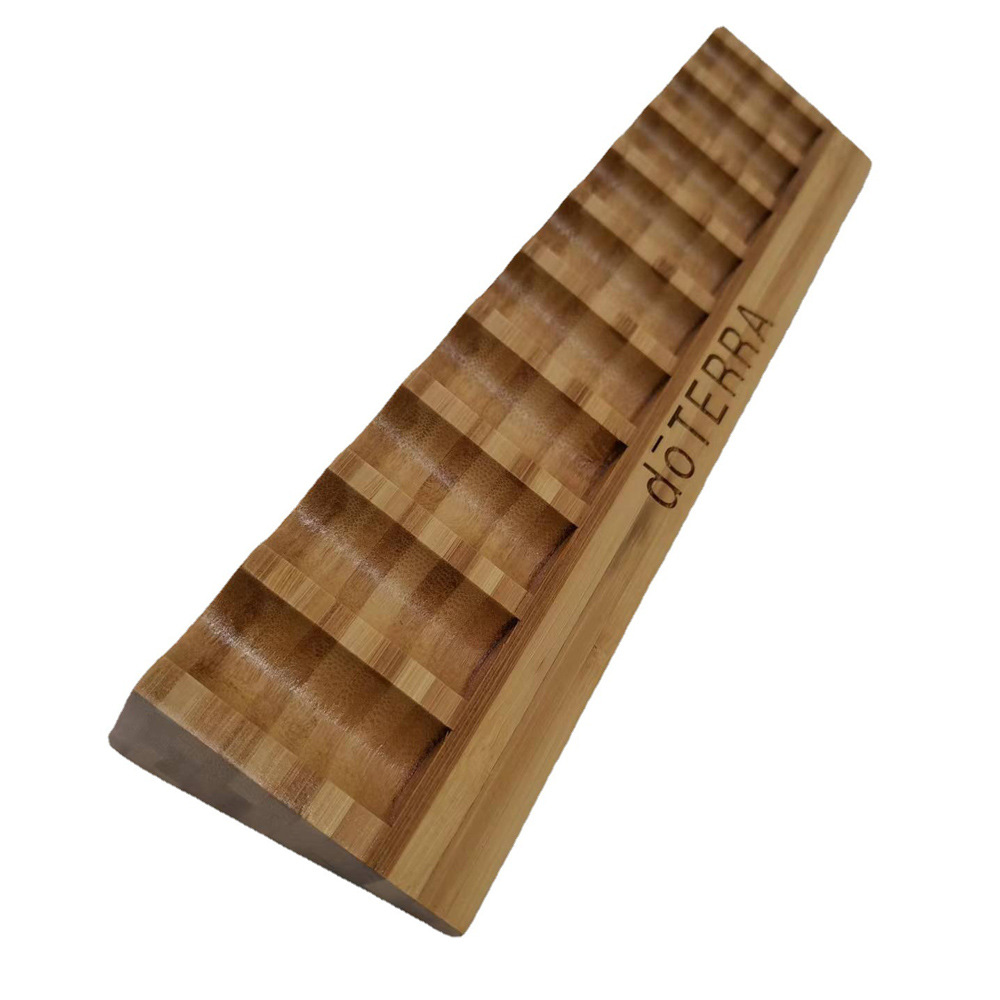 Doterra Essential Oil Bottle Storage and Display Rack, 10-Compartment Triangular Bamboo Rollerball Spray Bottle Desktop Organizer