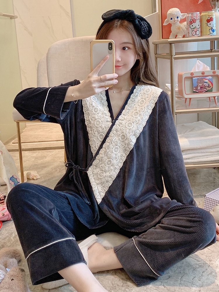 Jiaying Postpartum Clothing Autumn and Winter Postpartum Coral Velvet Nursing Pajamas October 11 Spring & Fall Pregnant Women Home Fragrance