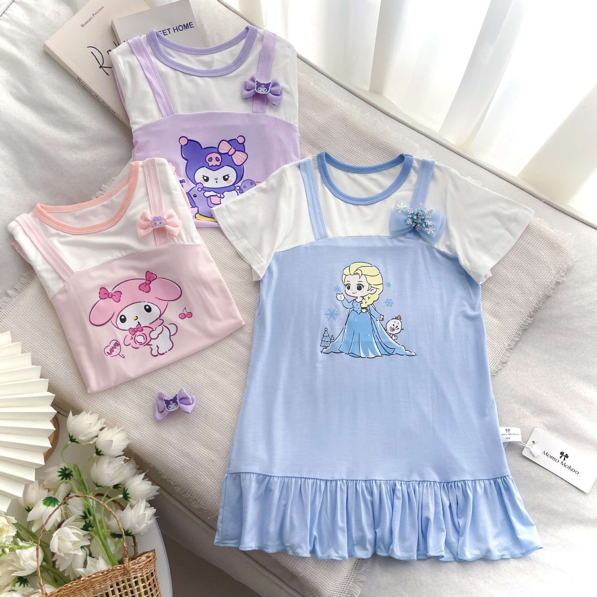 [Wormwood] 2024 new children's skirt nightdress girl's modal home soft dress cartoon cute hairpin