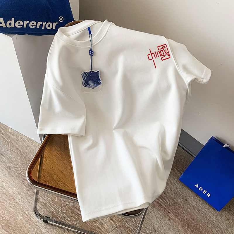 2025 New Heavy Cotton Texture Short-sleeved T-shirt Women's Summer Retro High-end Chic Beautiful Couple Top