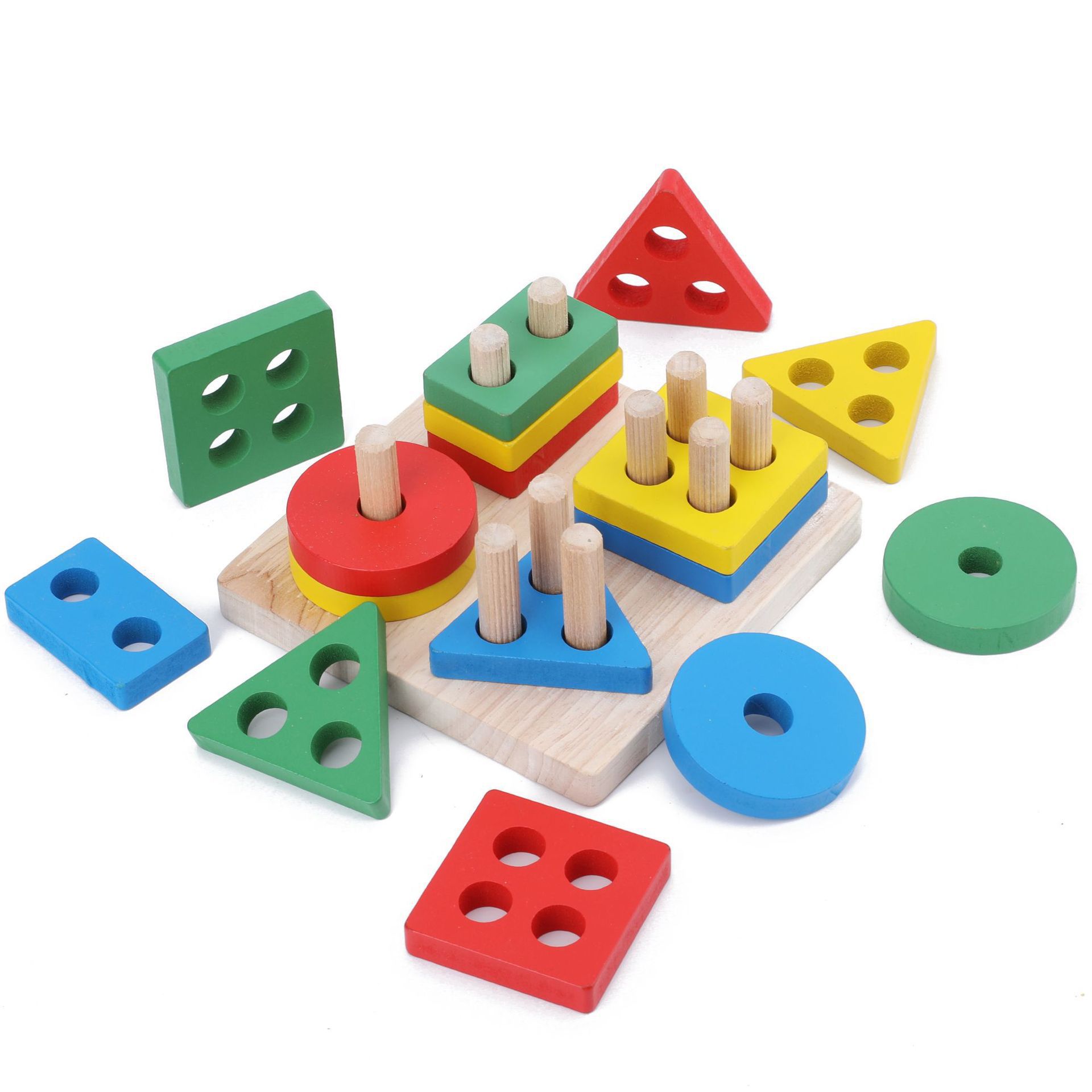 Children's Educational Wooden Four-set Pillar Toy Early Education Wisdom Set Pillar Intelligence Geometric Shape Cognitive Matching Building Blocks