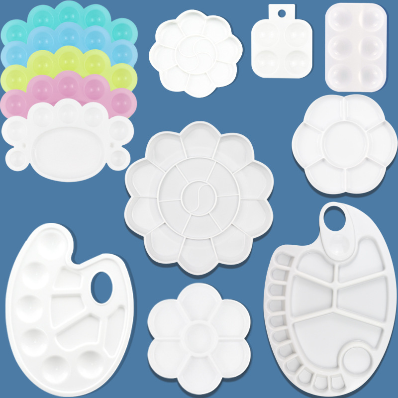 Прямые поставки фабрики пластиковые принадлежности для раскрашивания в форме сливы, 4-отверстийные, 7-отверстийные, 10-отверстийные круглые палитры, маленькие палитры в форме ног оптом