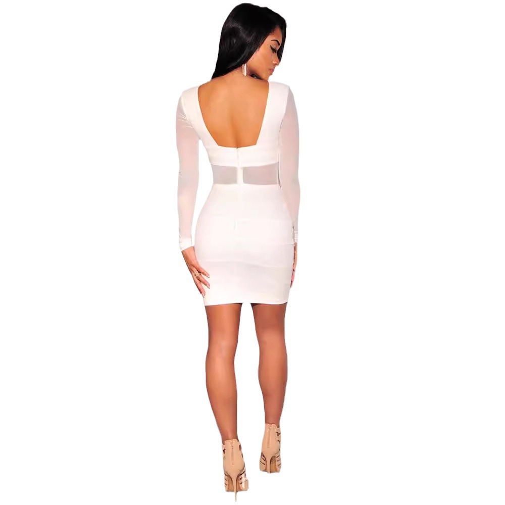 European and American new women's clothing dress mesh backless horizontal stitching Sexy Slim-fit long sleeve round neck dress