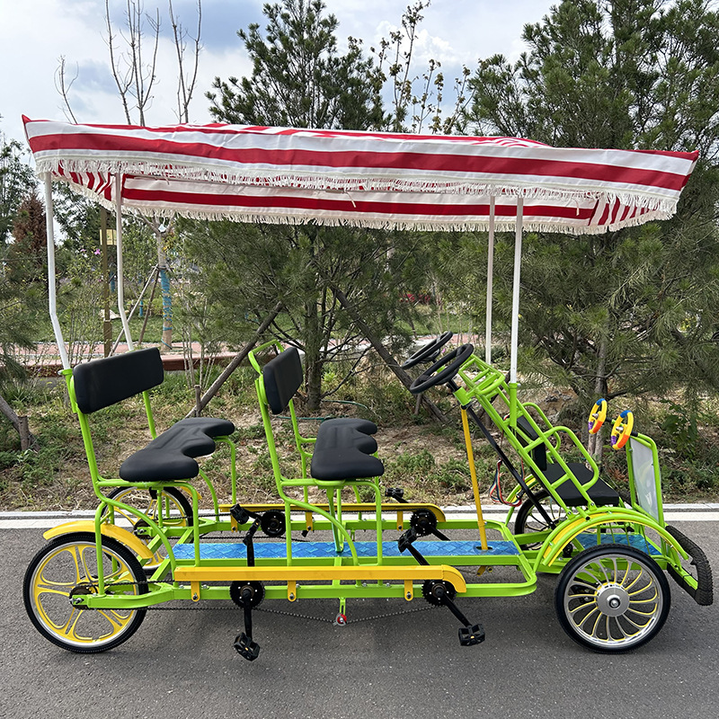 Four-Person Double-Row Pedal Bicycle, Multi-Person Riding Green Road Scenic Spot Sightseeing Bike, Leisure Couple Park, Four-Seater and Four-Wheel