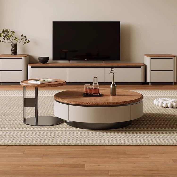 Medieval Style Walnut Color Round Solid Wood Multi-Layer Board Coffee Table Modern Simple Light Luxury Living Room Home New Style