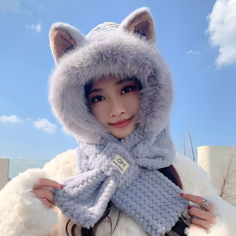 Hat Autumn and Winter Women's Hat Scarf All in One Cute High-End Fleece-Lined Thickeneded Windproof Warm Plush Hat Winter