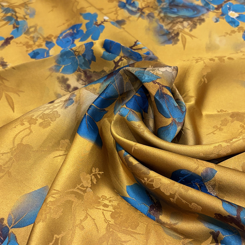 Golden Fragrant Cloud Yarn Fabric Satin Mulberry Silk Imitation Silk Jacquard Chinese Style Cheongsam Clothing Fabric Floral Fabric