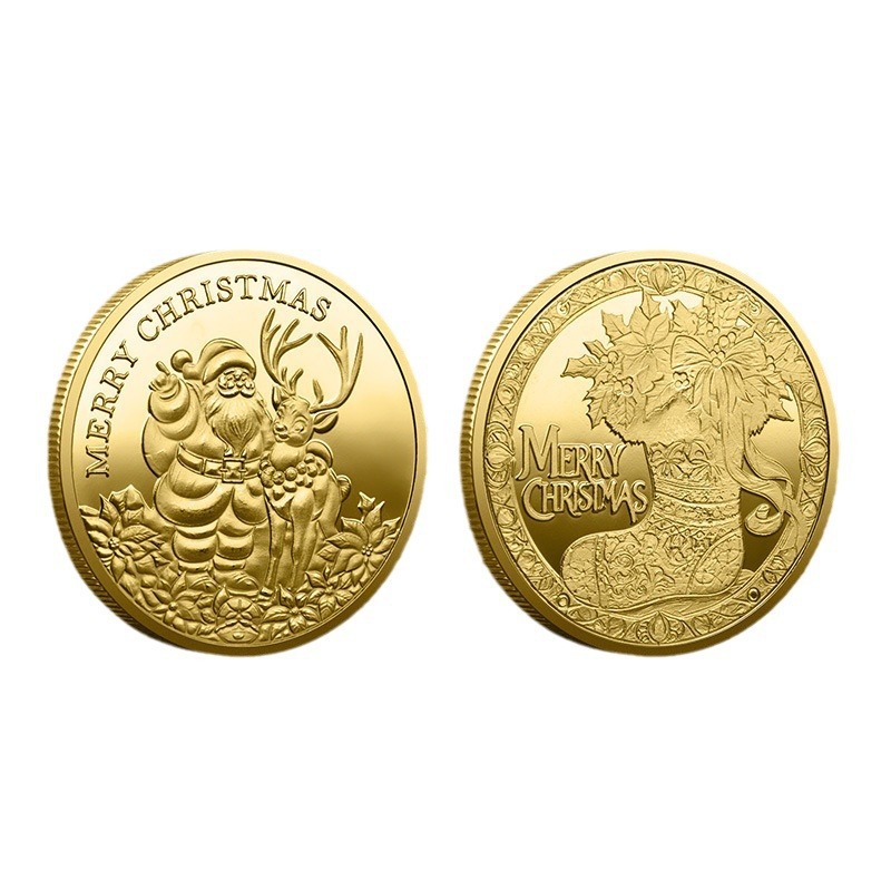 Foreign Trade Christmas Commemorative Medal European and American Santa Claus Sleigh Auspicious Deer Colorful Commemorative Gold Coin Decision-Making Game Coin