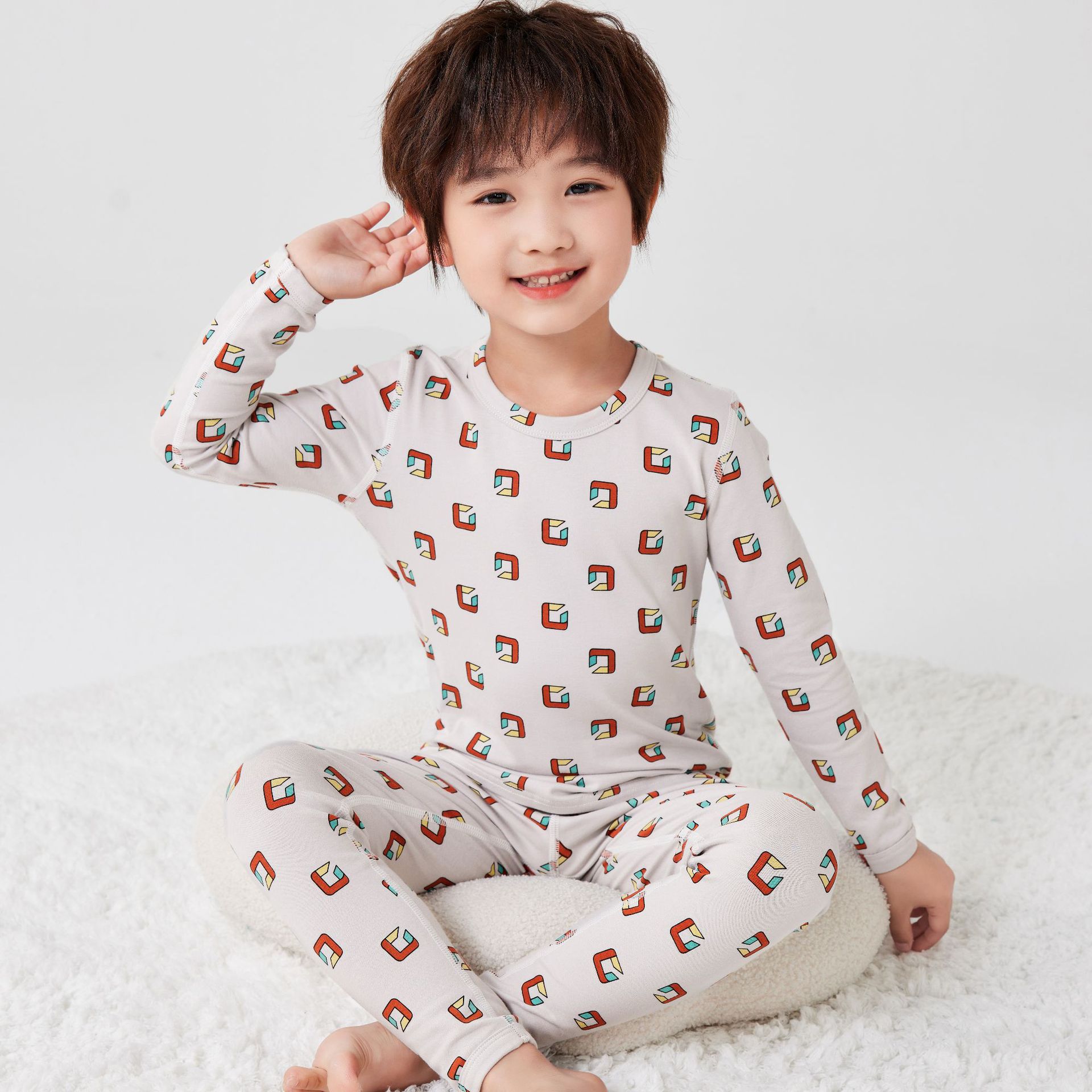 2025 New Korean Version Children's Seamless Brushed Lycra Cotton Cartoon Thermal Underwear Set Home Wear