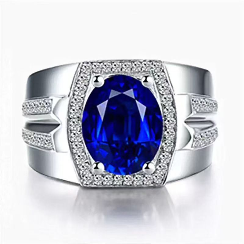 Hot Sold to Diamond Blue Diamond Men's Ring Myanmar Imitation Natural Sapphire Ring Plating 18K Gold Inlay Popular Ring