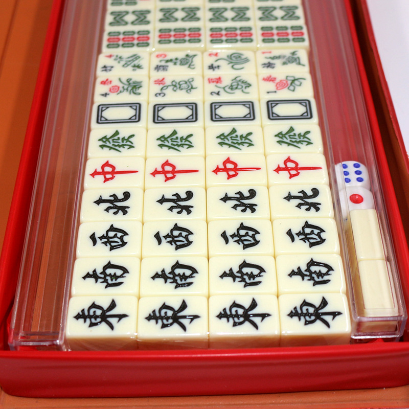 Wholesale long box travel mahjong melamine travel mahjong mini portable with 4 cards ruler