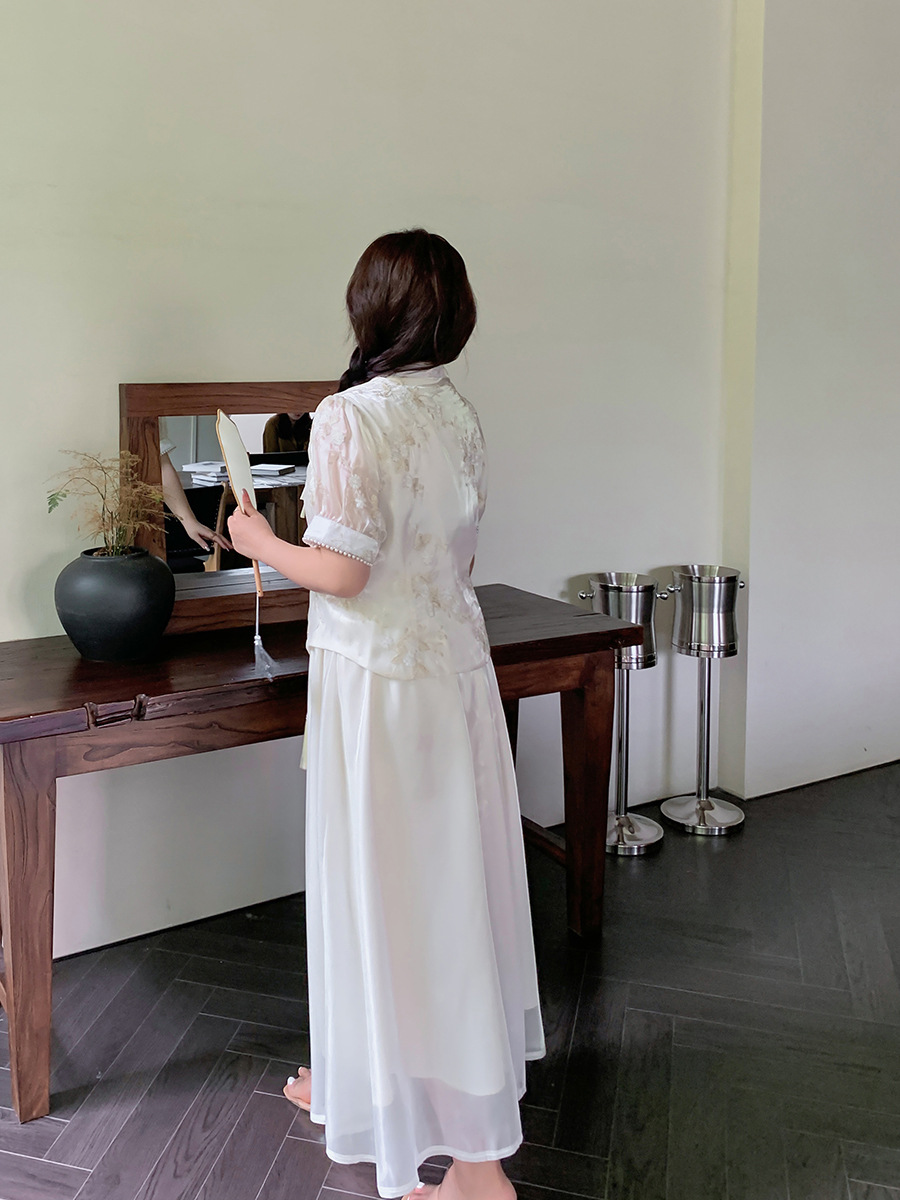 A487 New Summer Product Plus Fat Plus Size Women's New Chinoiserie Suit Women's Improved Version Cheongsam Embroider Two-Piece Set Slimming Look