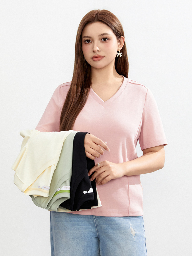 Slim Show Large Size Women's Clothing Simple All-match Casual Age-reducing V-neck Slim Look All-match T-shirt 2024 Spring New Style