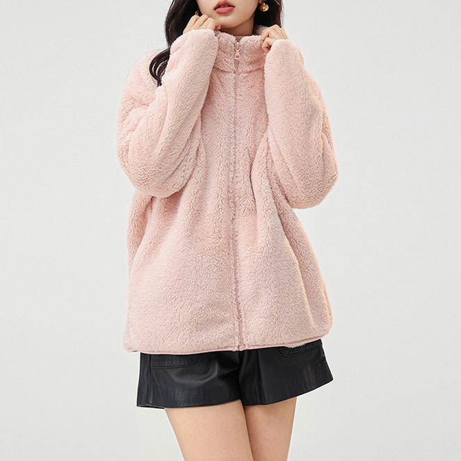 Winter Fashion Fleece Coat Women's Coral Fleece Zipper Casual Thickened Double-Sided Arctic Fleece Solid Color Warm Top