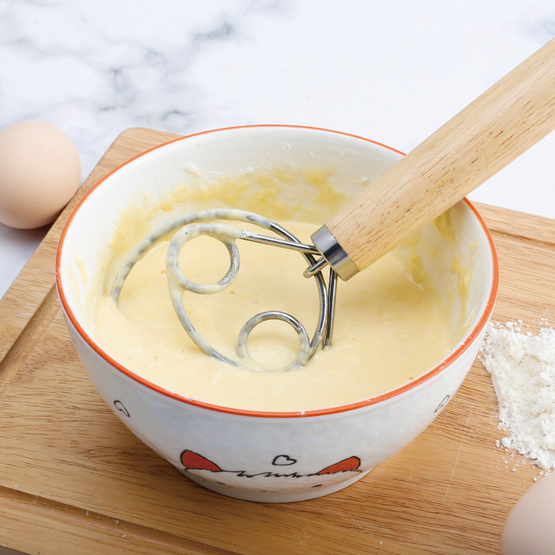13 Inch Oak Handle Flour Mixer Danish Dough Mixer Stainless Steel Coil Egg Beater Tool