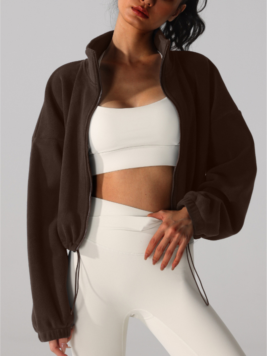 European and American Autumn and Winter Lamb Velvet Sports Jacket with Vertical Collar Thickened Warm Drawstring Short Austrian Grain Velvet Loose Windproof Top