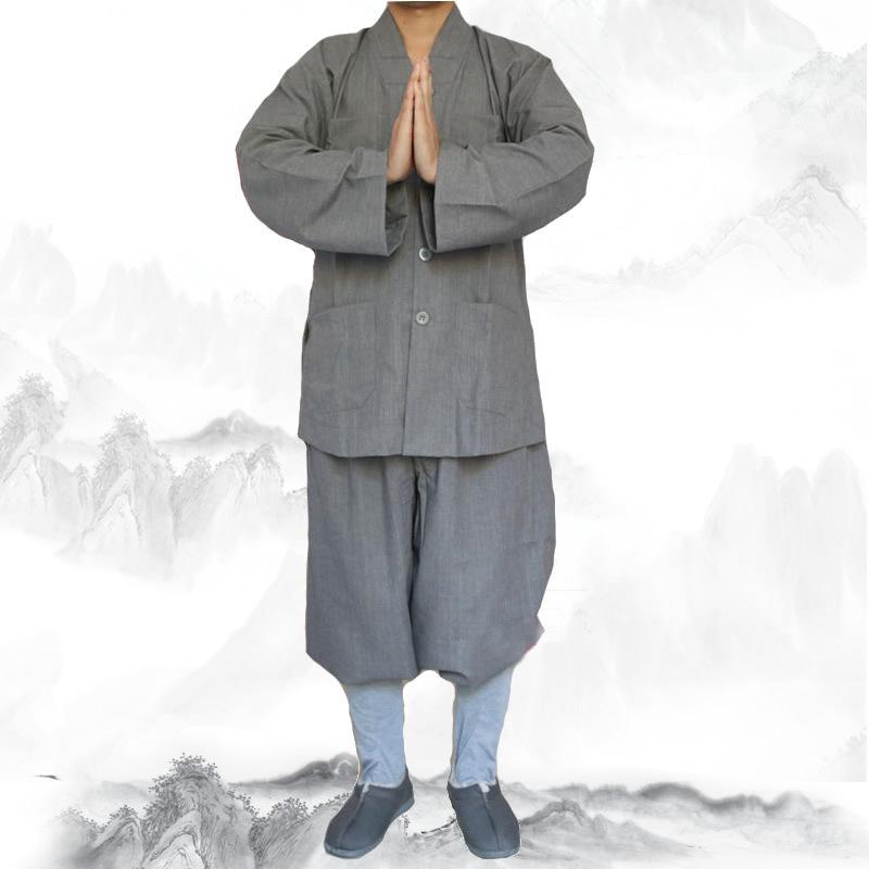 Monk's Clothing Short Jacket Mid-Length Cotton Autumn and Winter Yellow Gray Suit Arhat Jacket Short Set Wide-Leg Pants Handmade