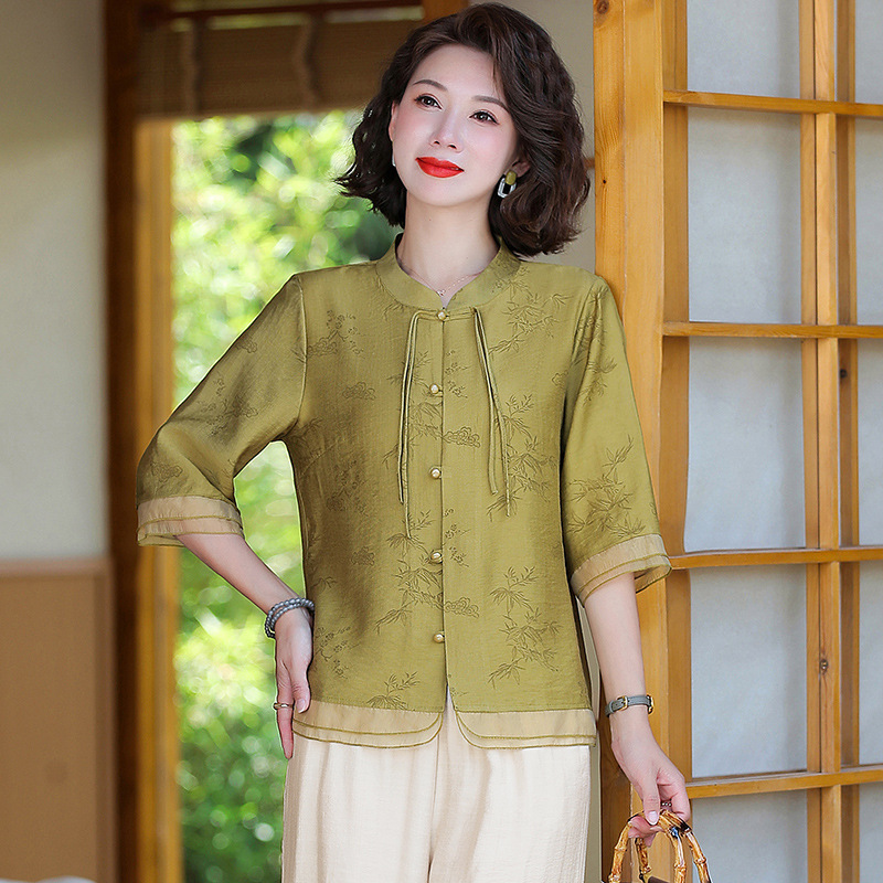 Mother's Summer Dress 2025 New suit Women's Middle-aged and Elderly Guofeng Small Shirt Summer Dame Printed New Chinese Top