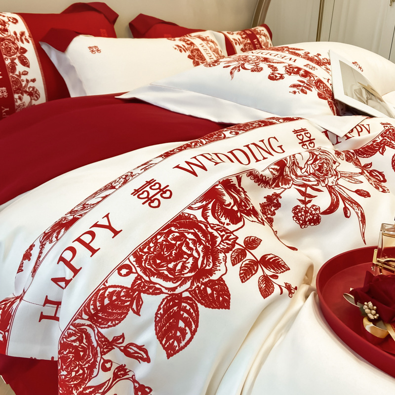 Light Luxury Wedding Four-Piece Set with Chinese-Style Print, High-End Red Duvet Cover, Festive Fitted Sheet, New Wedding Bedding