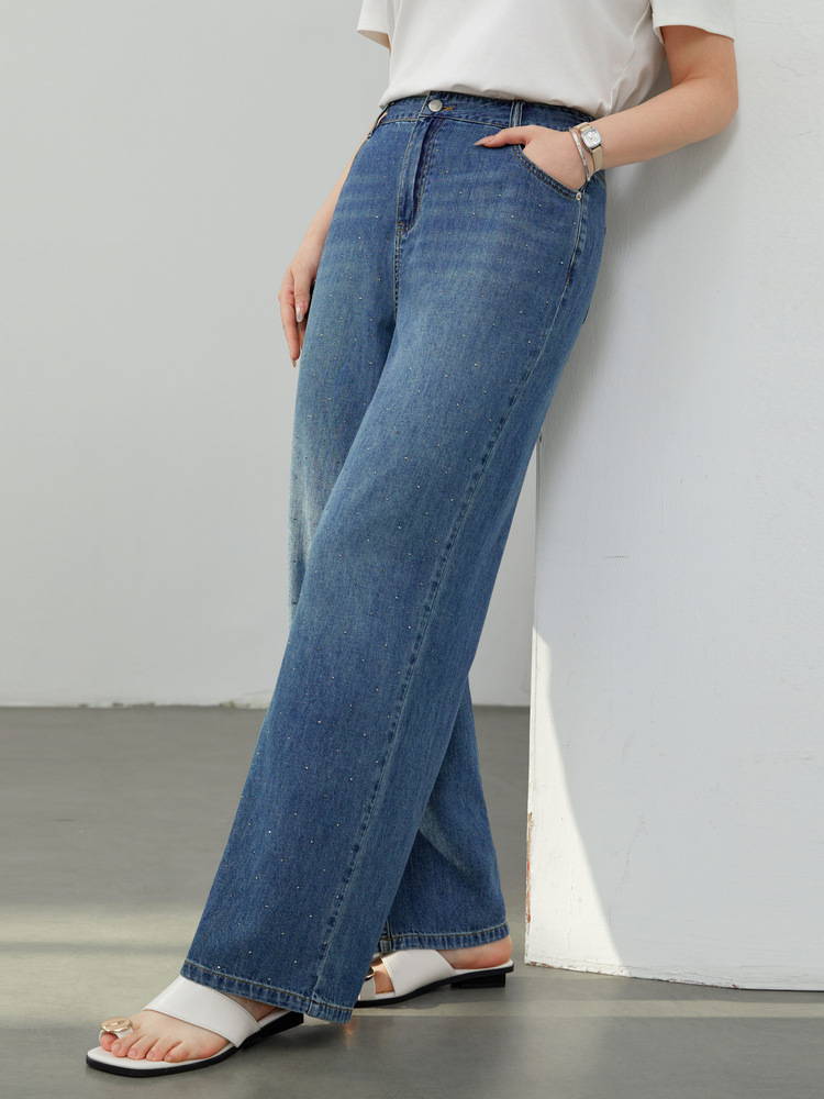 Trendy Design Rhinestone Slimming Comfortable Pure Cotton Jeans Plus Size Women's Clothing for Summer New Style
