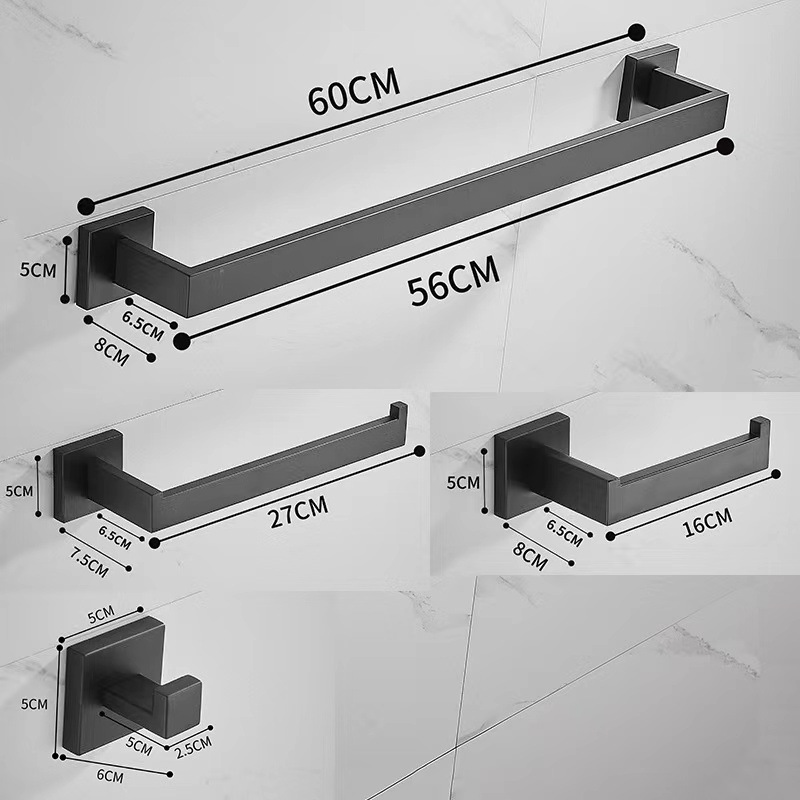 Cross-border 304 stainless steel towel bar set bathroom toilet tissue holder square 60cm towel hook hanging