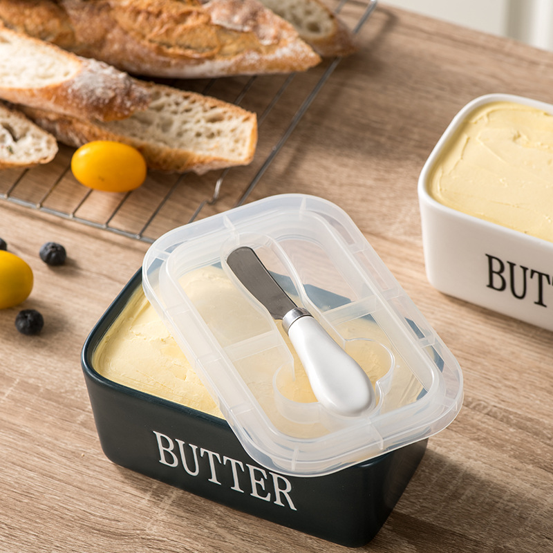 Visual butter box refrigerated box with knife ceramic rectangular butter dish with wooden lid cheese ceramic Butter Box