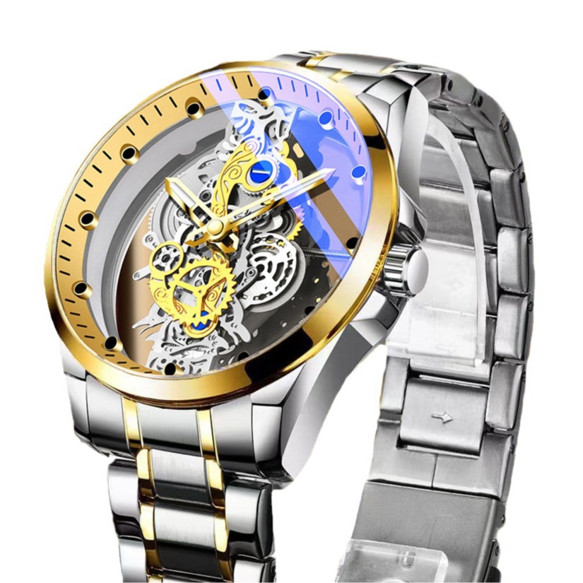 Cross-Border double-sided transparent hollow automatic mechanical watch men's watch men's waterproof luminous quartz watch TikTok New