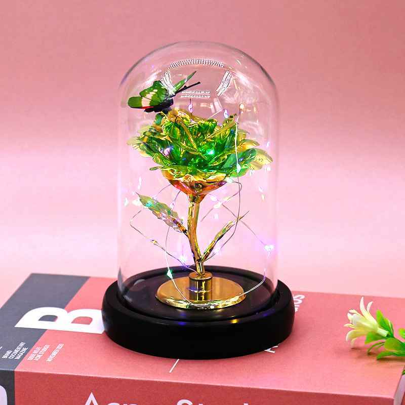 Preserved Flower in Glass Dome with Gold Foil Rose, Led Light, Creative Handmade DIY Ornament, Qixi Valentine's Day Gift, Cross-Border