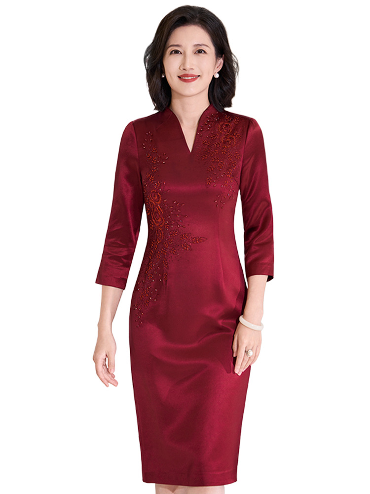 Triacetate Satin Mother-In-Law Toast Dress Wedding Mother's Dress Stylish High-Waisted Slim Mid-Length V-Neck Popular Autumn