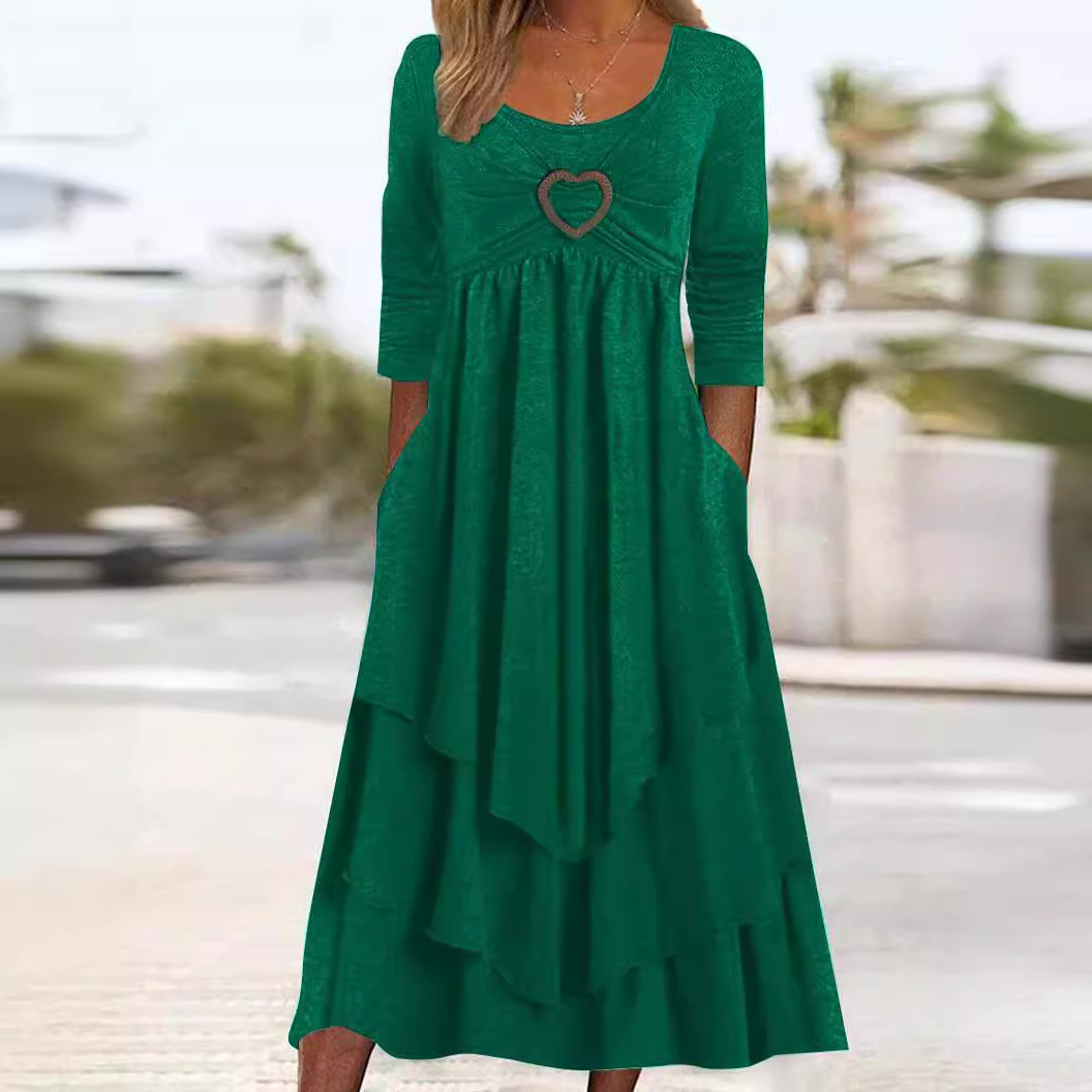 2023 spring and autumn European and American new solid color waist-tight love decoration layer cake hem Leisure dress