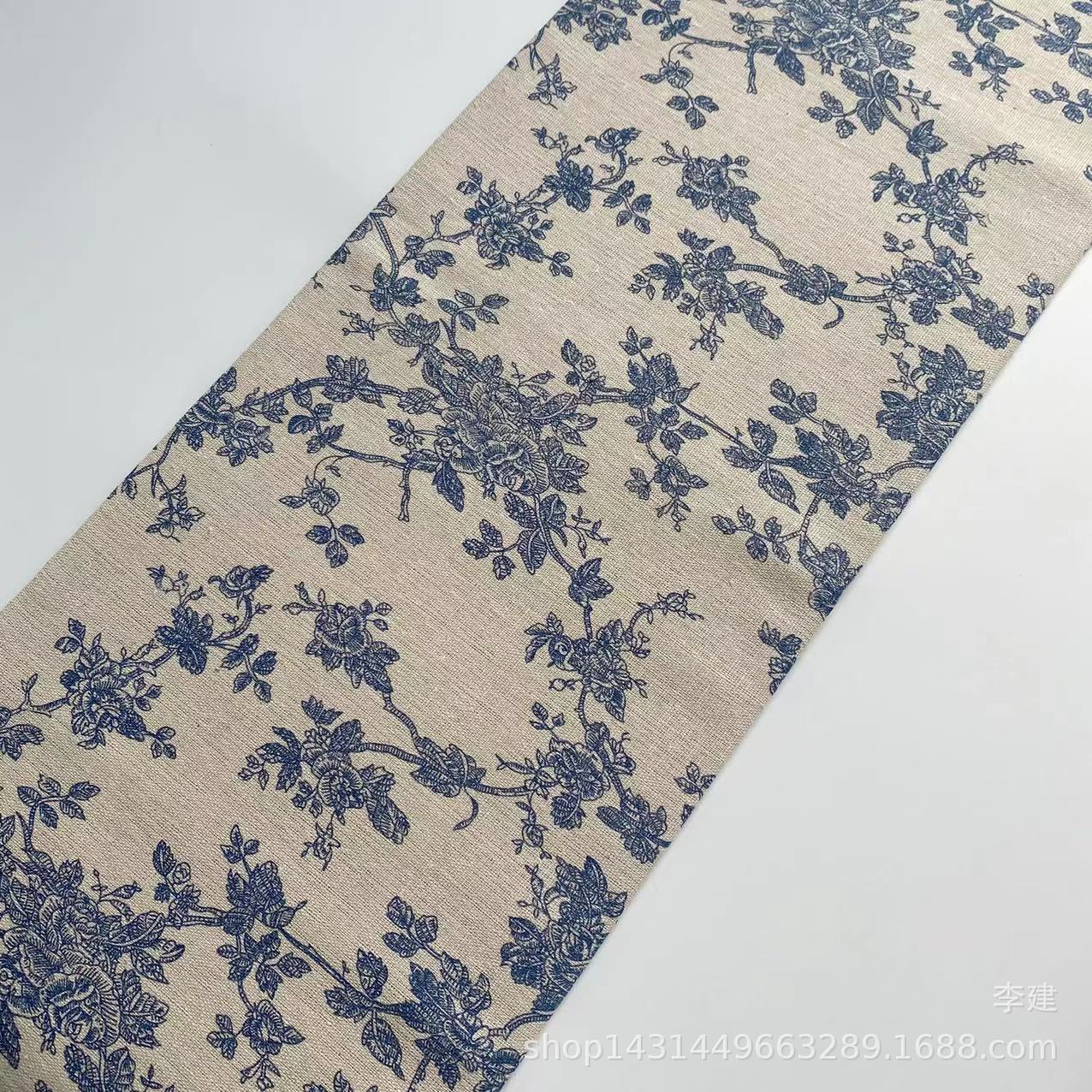 Professional Printing and Dyeing Linen Fabric Linen Cloth Printing Vintage Blue Flower Tablecloth Background Cloth