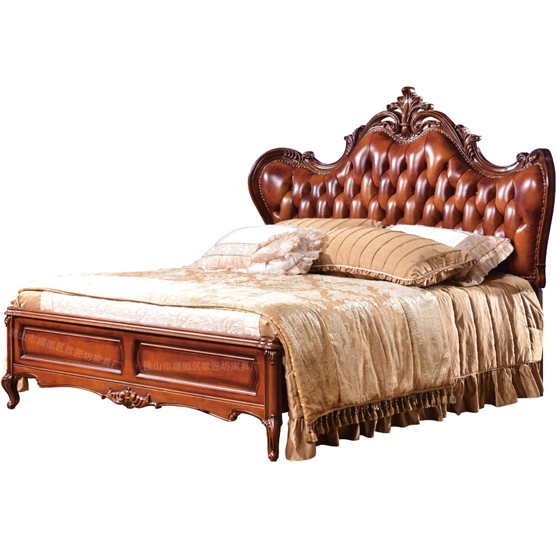 European-style leather double bed solid wood leather bed master bedroom double bed wedding bed French bed four-door wardrobe European-style dressing table