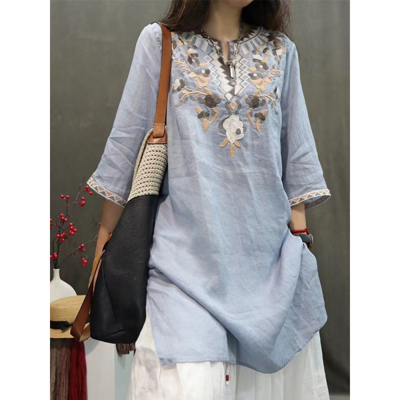 Cotton and Linen Embroidered Women's 2025 Spring, Summer and Autumn New Chinese Style Retro Mid-Sleeve Thin Top t