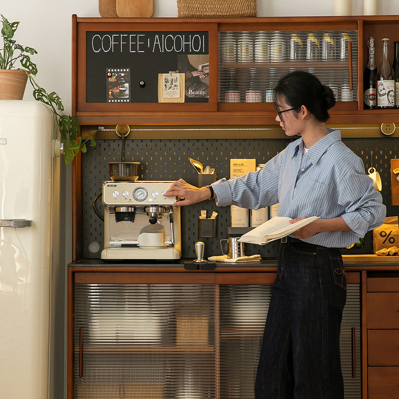 XW Nordic Retro Solid Wood Sideboard High Cabinet Wall Integrated Kitchen Wine Cabinet Rock Board Storage Cabinet