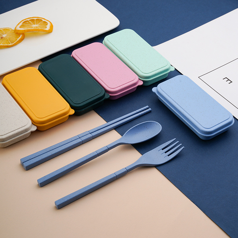 Wheat straw removable portable tableware suit outdoor picnic spoon fork chopsticks plastic tableware storage box wholesale