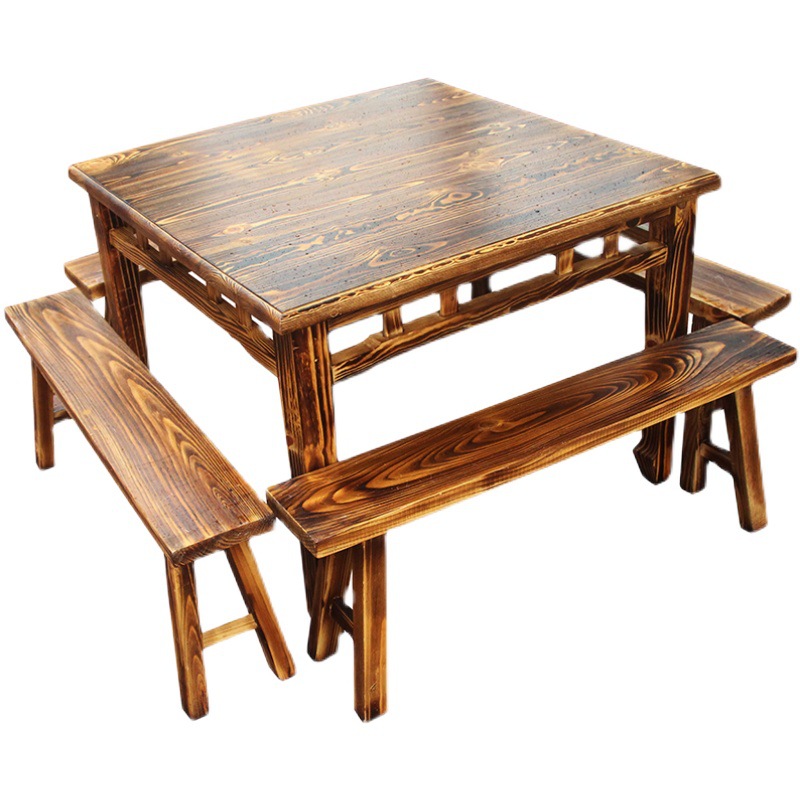 Chinese Solid Wood Pine Charcoal-Fired Dining Table and Chairs, Retro Carbonized Wood Eight Immortals Table and Chairs, Square Square Table and Stools
