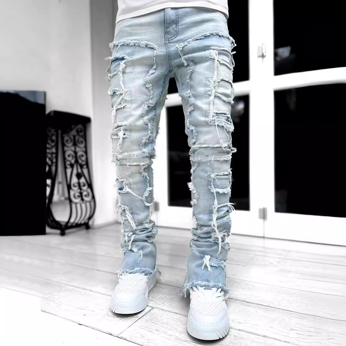 Cross-border new men's denim straight pants European and American street fashion ins explosion stretch patch denim straight pants