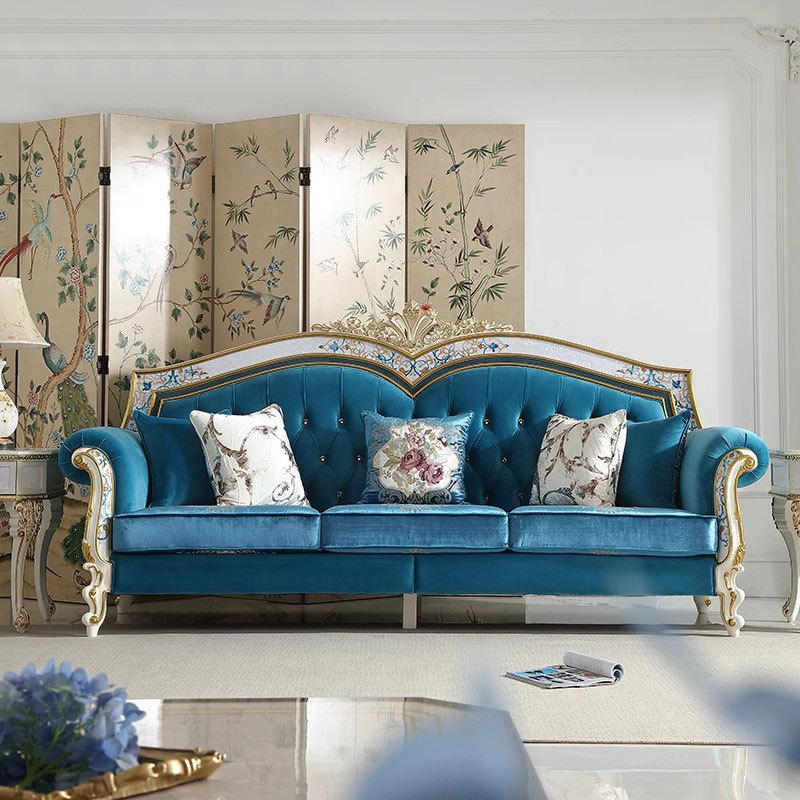 Европейский пасторальный стиль диван из массива дерева с золотым фольгированным дизайном для гостиной