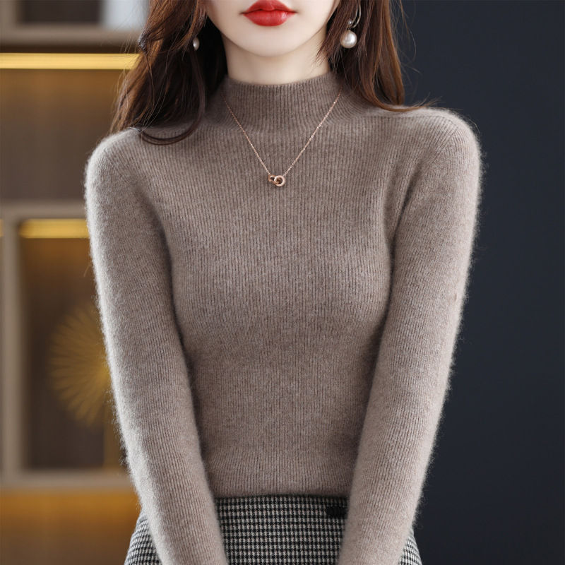 Women's half-turtleneck pure wool bottoming shirt, slim fit sweater, long-sleeved sweater, autumn and winter
