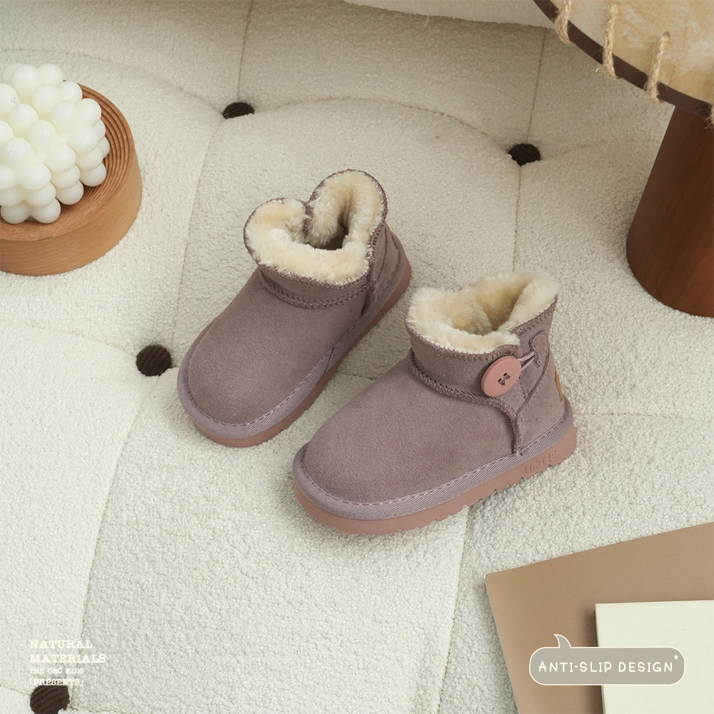 Xshx "Log Button" Kidsren's Genuine Leather Snow Boots for Boys and Girls Winter Thickeneded Winter Slip-Ons [Wenzhou Shoes]