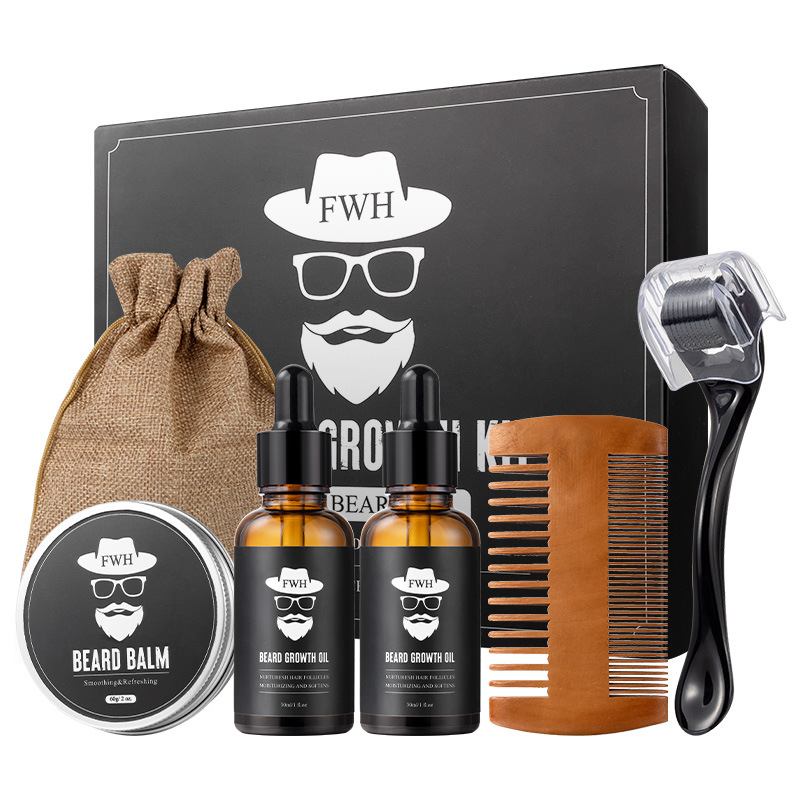 Cross-Border Beard Care Set 6-Piece Set Beard Oil Beard Cream Beard Oil Microneedle Roller Set Ready-Made Oem