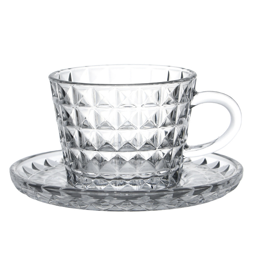 Red Tea Cup Coffee Glass Set Six Cups Six Saucers Cross-Border Vertical Pattern Relief Pattern Coffee Cup Black Tea Cup