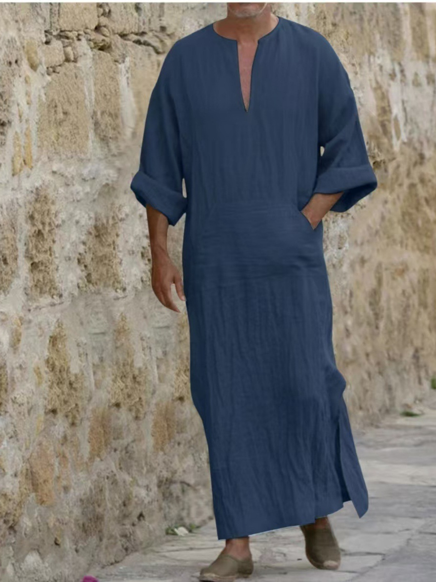 2024 cross-border Amazon new men's long cotton and hemp T Middle East long large T long sleeve Middle East hot