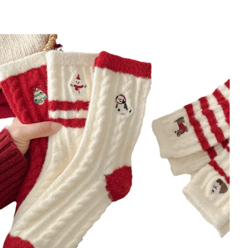 24 Winter New Arrival Christmas Socks Cartoon Embroidered Snowman Santa Claus Australian Velvet Women's Medium Socks Warm Floor Socks
